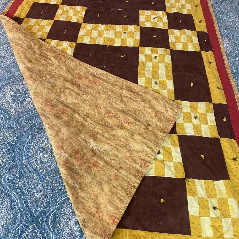 Vintage brown and Mustard Patchwork Quilt - Checkerboard Design 44” x 57”